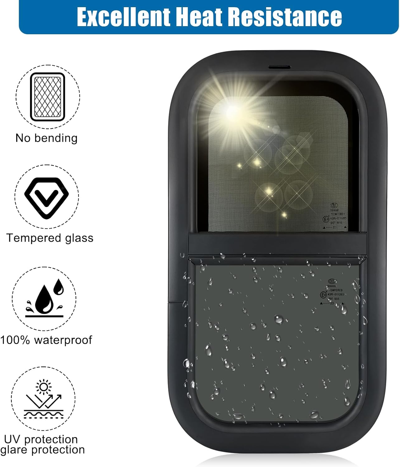Παράθυρο κατακόρυφης ανύψωσης 400x550mm για camper και RV, με αδιάβροχη κατασκευή, UV προστασία και τζάμι ασφαλείας.