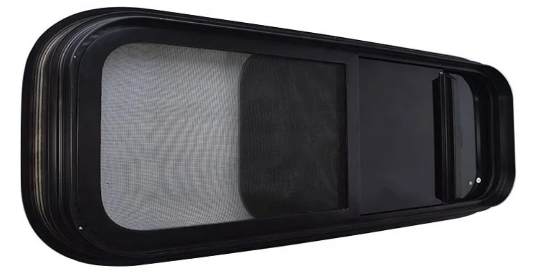 Παράθυρο κατακόρυφης ανύψωσης με μαύρο πλαίσιο, σίτα και tempered glass για τροχόσπιτα και camper.