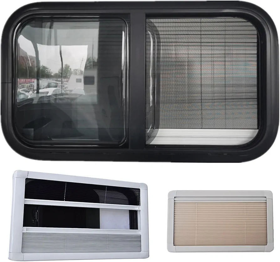 Σετ παραθύρων για camper και τροχόσπιτα, με επιλογές σίτας και σκίαστρου για εξαερισμό και ιδιωτικότητα.