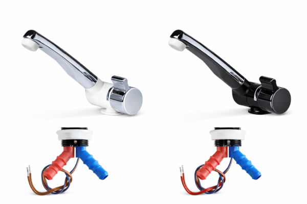 Βρύση camper London σε λευκό και μαύρο χρώμα με βάση και διπλή σύνδεση ζεστού-κρύου νερού 10mm